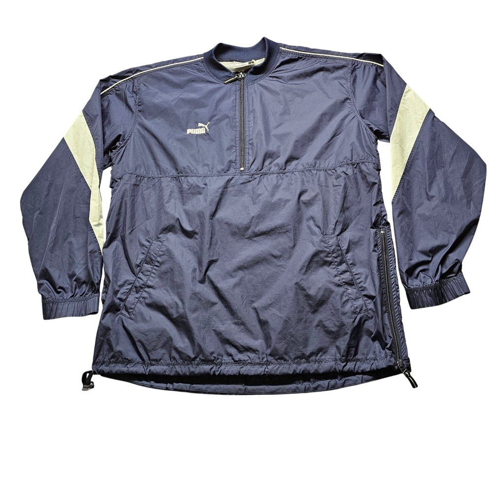 Puma Windbreaker Pullover Mens Small Navy Blue Quarter Zip Side Zip Jacket